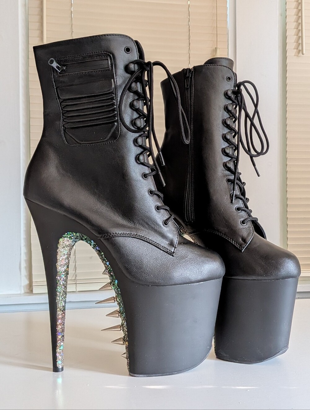 Black Pleaser Flamingo Platform Lace-Up Ankle Boots w Glitter Spike Stilettos 11